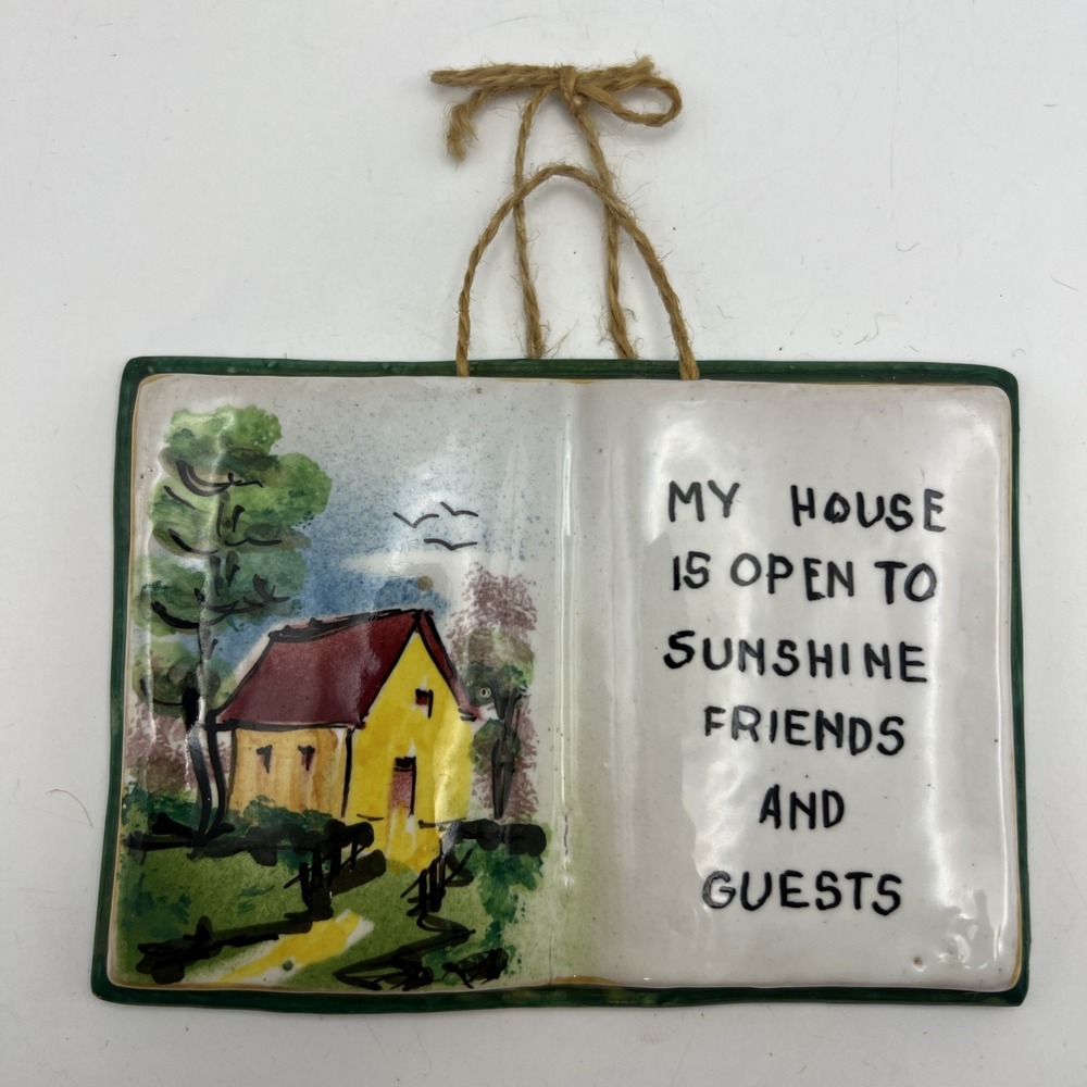 Vtg Italian Ceramic Open Book Wall Plaque Hand Painted Home Welcome Sign Italy